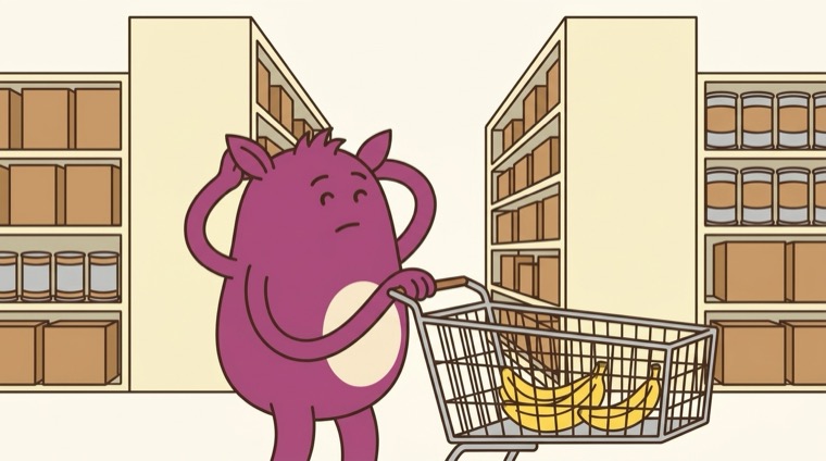 A Sprout pushing a huge supermarket trolley containing three bananas