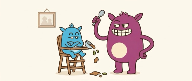 A baby Sprout in a high chair pushing its bowl onto the floor while a parent looks on