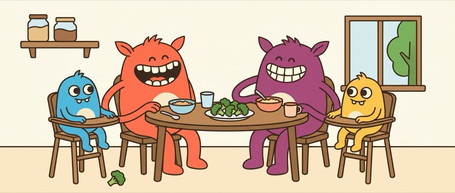 A family of four Sprout creatures round the kitchen table at dinnertime, the babies in high chairs and one piece of broccoli already on the floor